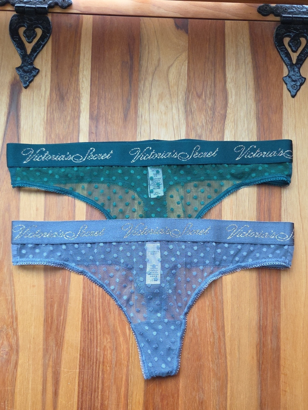 Bundle of Victoria's Secret Green & Grey Dot Mesh Thongs size L - 2 Pack